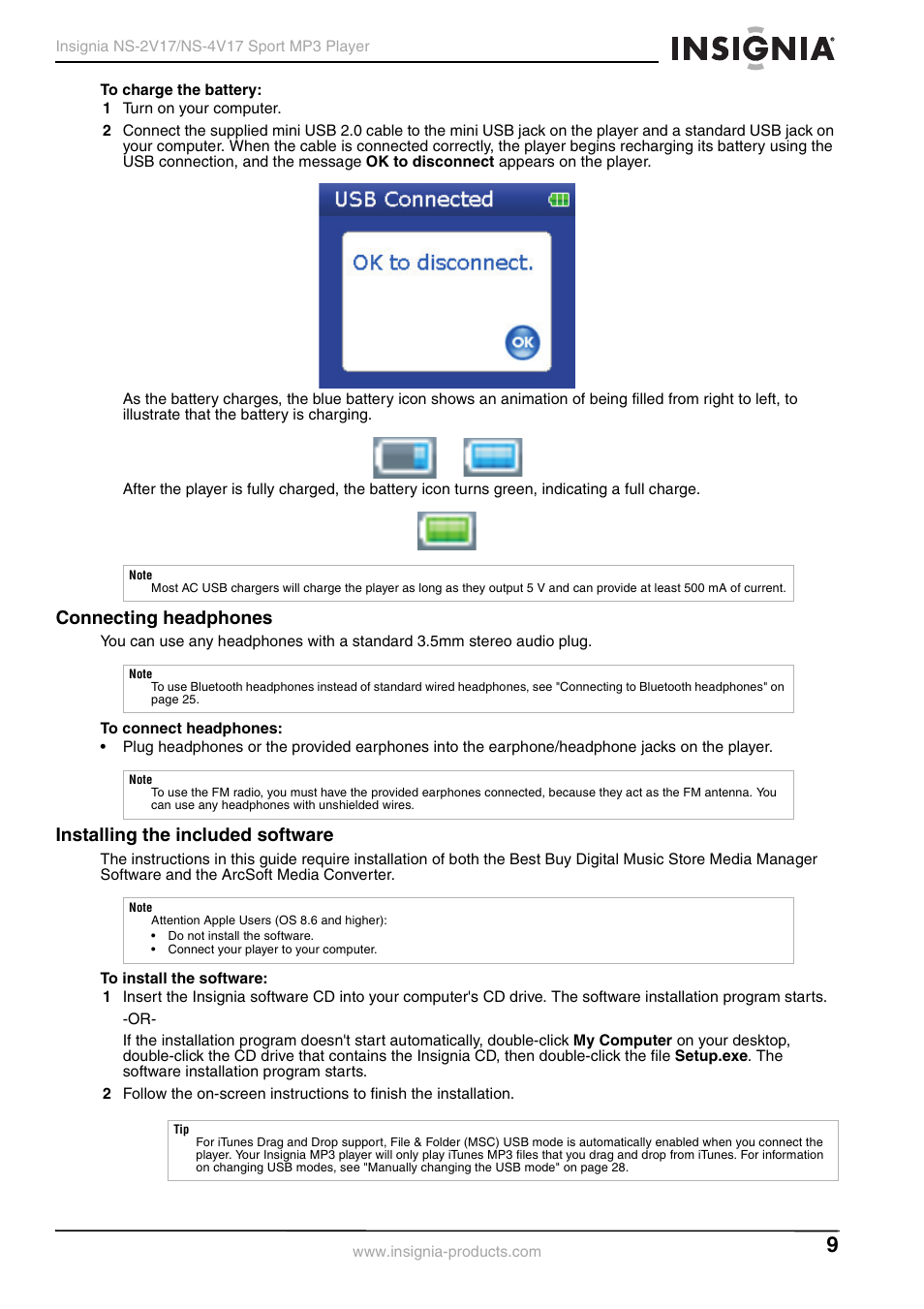 Connecting headphones, Installing the included software | Insignia NS-2V17/NS-4V17 User Manual | Page 9 / 68