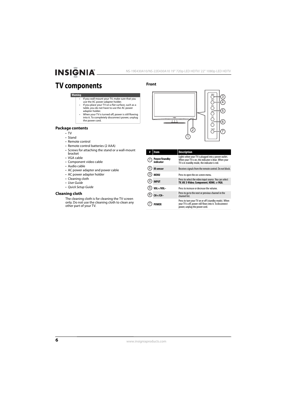 Tv components, Package contents, Cleaning cloth | Front, Package contents cleaning cloth front | Insignia NS-19E430A10 User Manual | Page 10 / 44