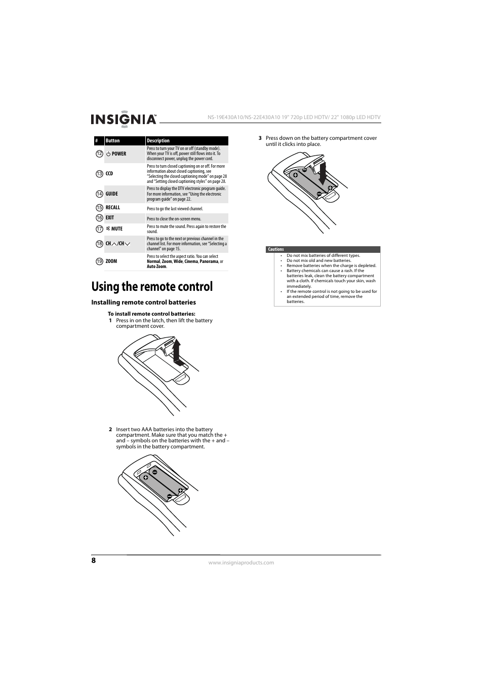 Using the remote control, Installing remote control batteries | Insignia NS-19E430A10 User Manual | Page 12 / 44