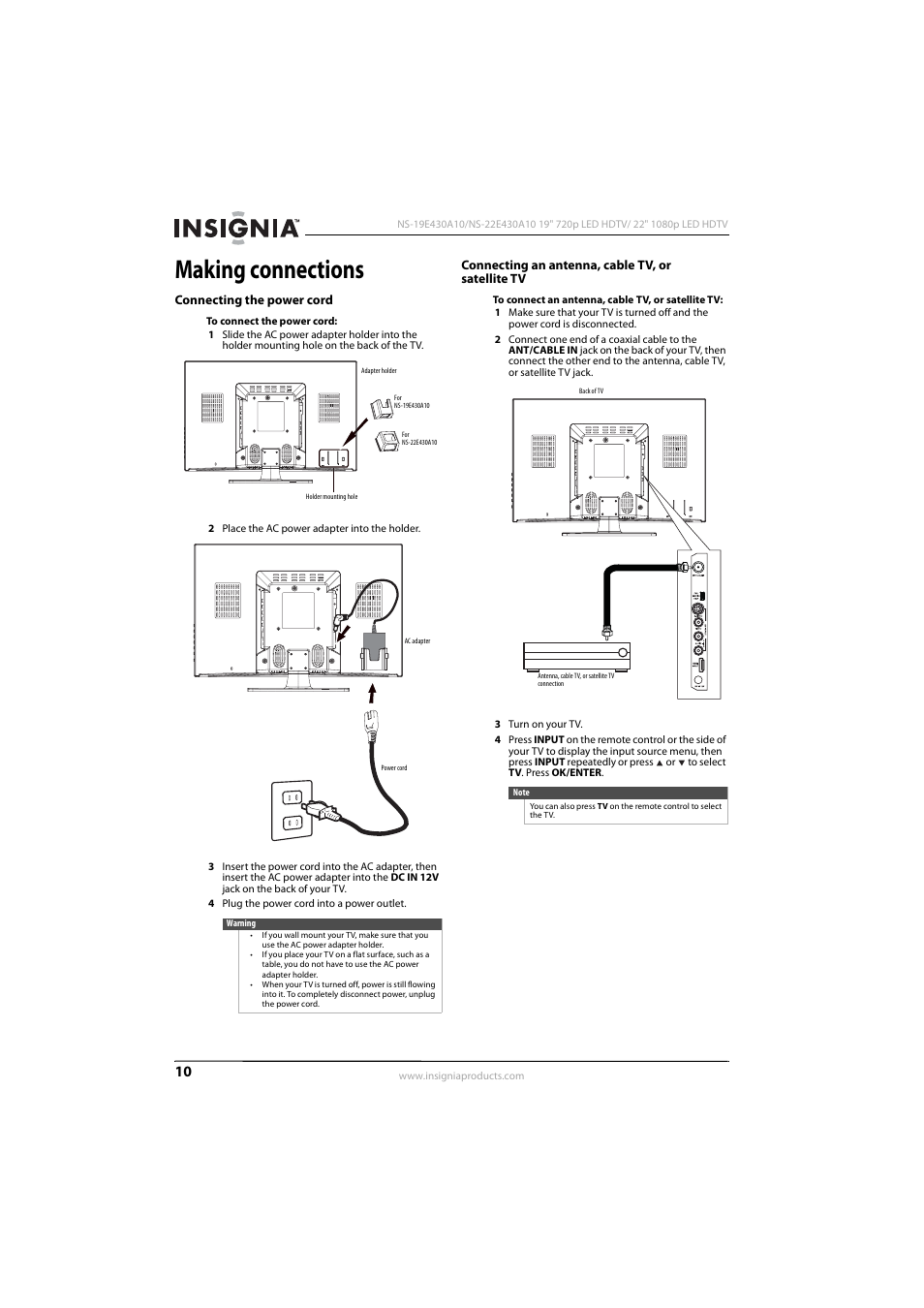Making connections, Connecting the power cord, Connecting an antenna, cable tv, or satellite tv | Insignia NS-19E430A10 User Manual | Page 14 / 44