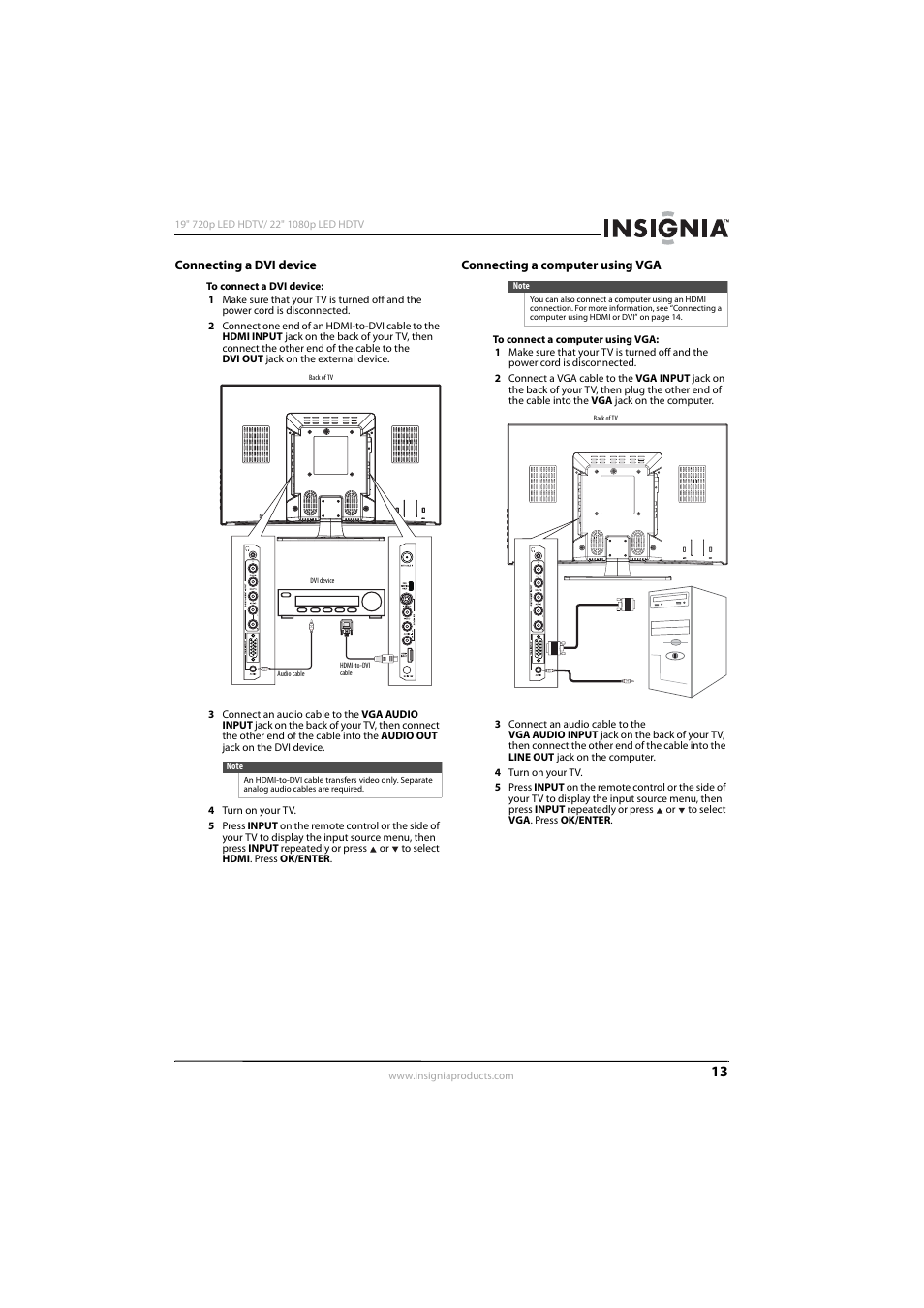 Connecting a dvi device, Connecting a computer using vga | Insignia NS-19E430A10 User Manual | Page 17 / 44
