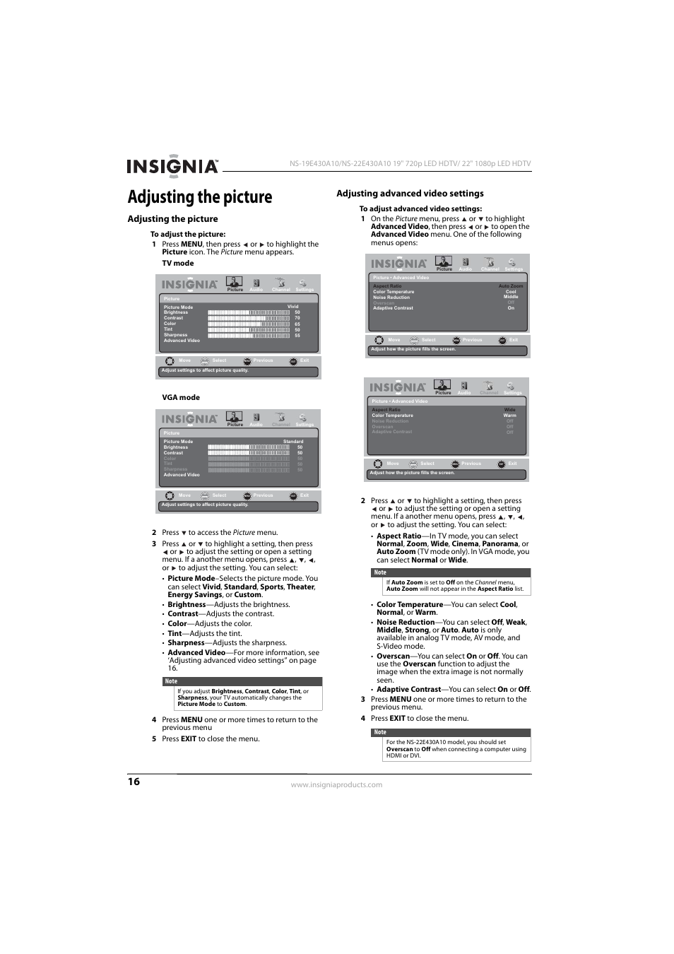 Adjusting the picture, Adjusting advanced video settings | Insignia NS-19E430A10 User Manual | Page 20 / 44