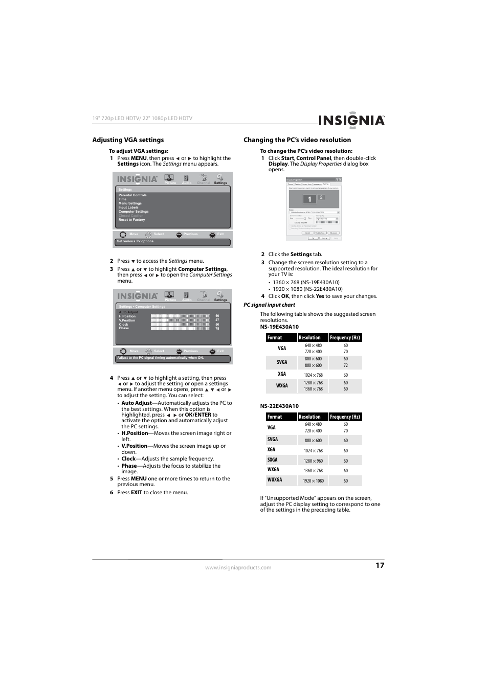 Adjusting vga settings, Changing the pc’s video resolution | Insignia NS-19E430A10 User Manual | Page 21 / 44
