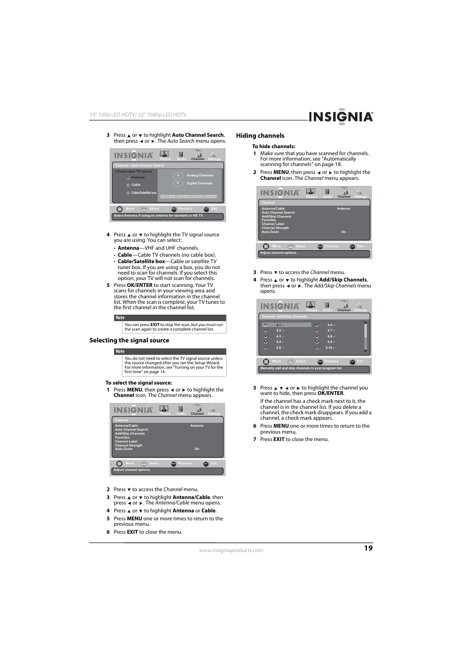 Selecting the signal source, Hiding channels, Selecting the signal source hiding channels | Insignia NS-19E430A10 User Manual | Page 23 / 44