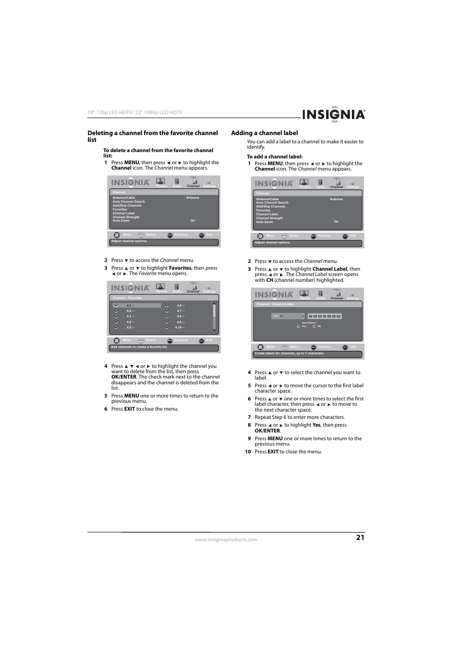Deleting a channel from the favorite channel list, Adding a channel label | Insignia NS-19E430A10 User Manual | Page 25 / 44
