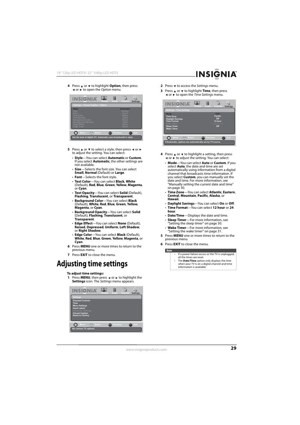 Adjusting time settings | Insignia NS-19E430A10 User Manual | Page 33 / 44