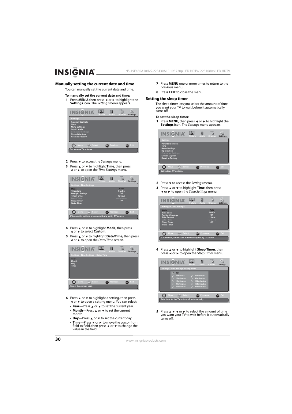 Manually setting the current date and time, Setting the sleep timer | Insignia NS-19E430A10 User Manual | Page 34 / 44