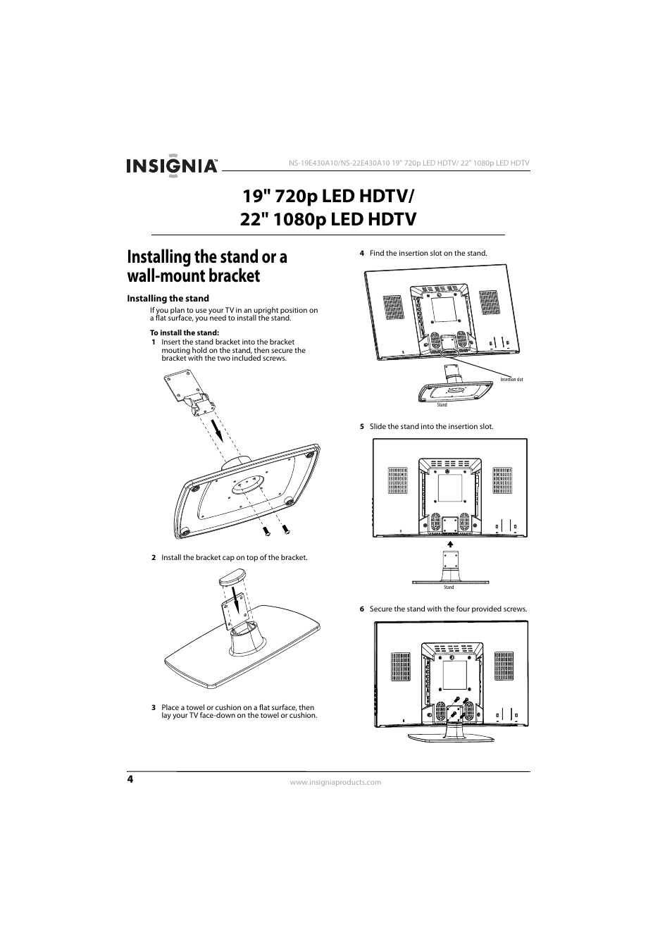 Installing the stand or a wall-mount bracket, Installing the stand | Insignia NS-19E430A10 User Manual | Page 8 / 44