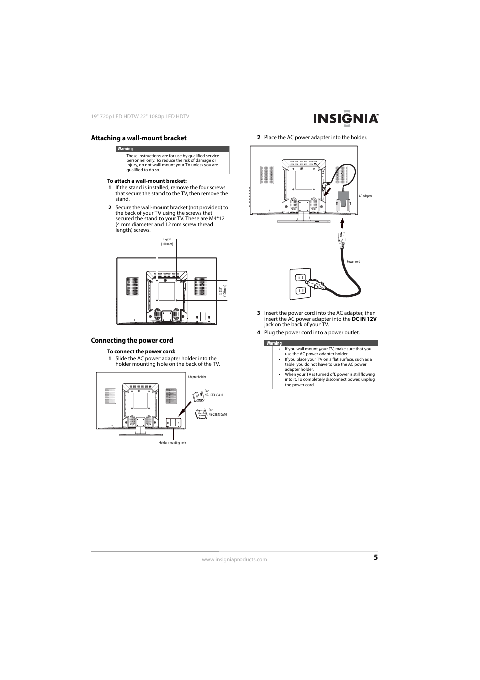 Attaching a wall-mount bracket, Connecting the power cord | Insignia NS-19E430A10 User Manual | Page 9 / 44