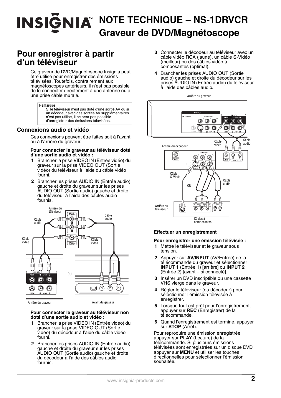 Pour enregistrer à partir d’un téléviseur, Connexions audio et vidéo | Insignia NS-1DRVCR User Manual | Page 2 / 3