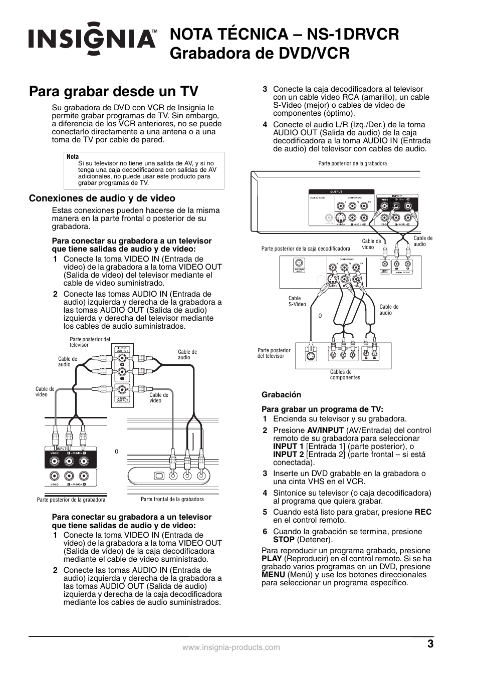 Nota técnica – ns-1drvcr grabadora de dvd/vcr, Para grabar desde un tv, Conexiones de audio y de video | Insignia NS-1DRVCR User Manual | Page 3 / 3