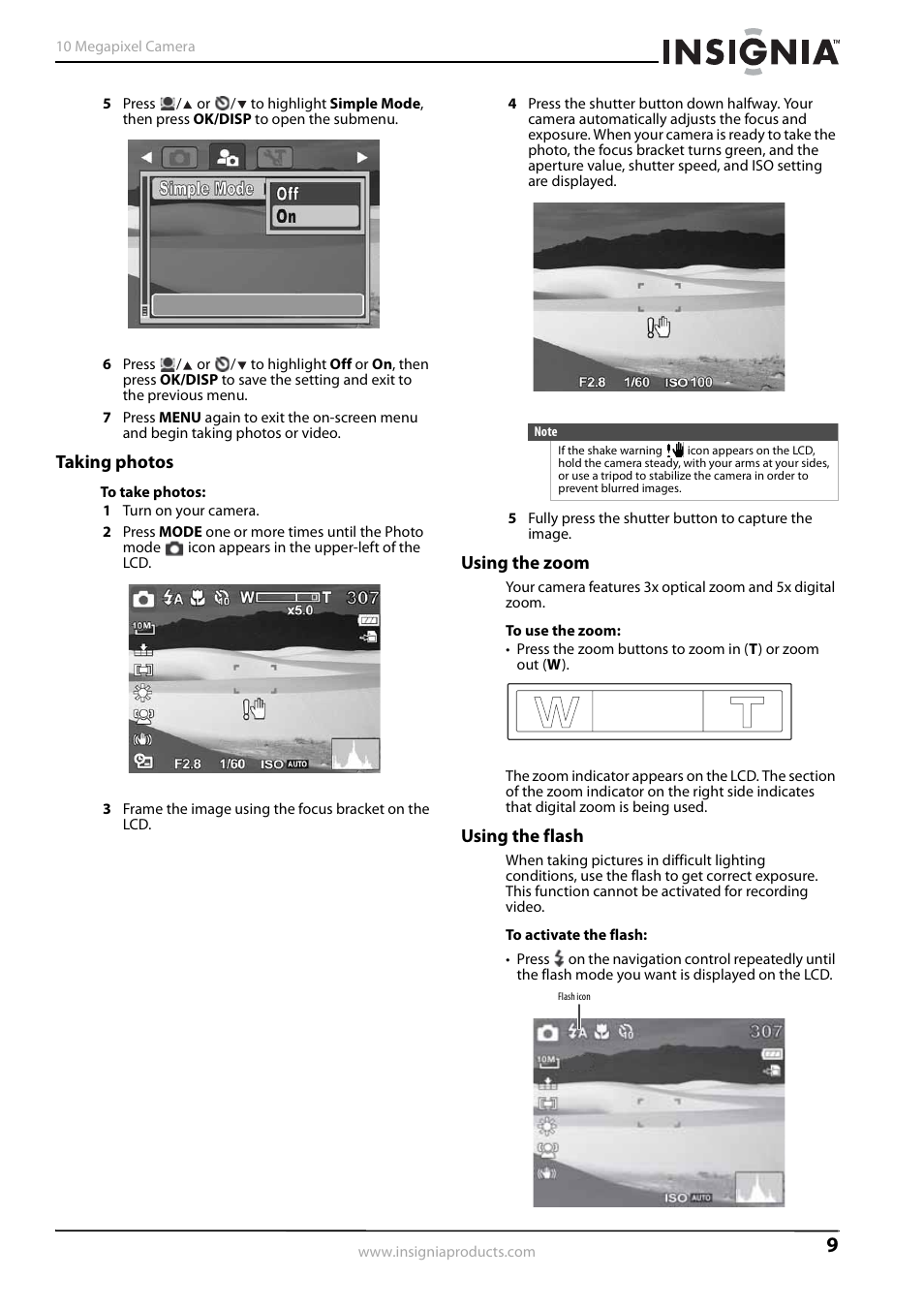 Taking photos, Using the zoom, Using the flash | Taking photos using the zoom using the flash, Using the zoom” on | Insignia NS-DSC1110A User Manual | Page 13 / 30