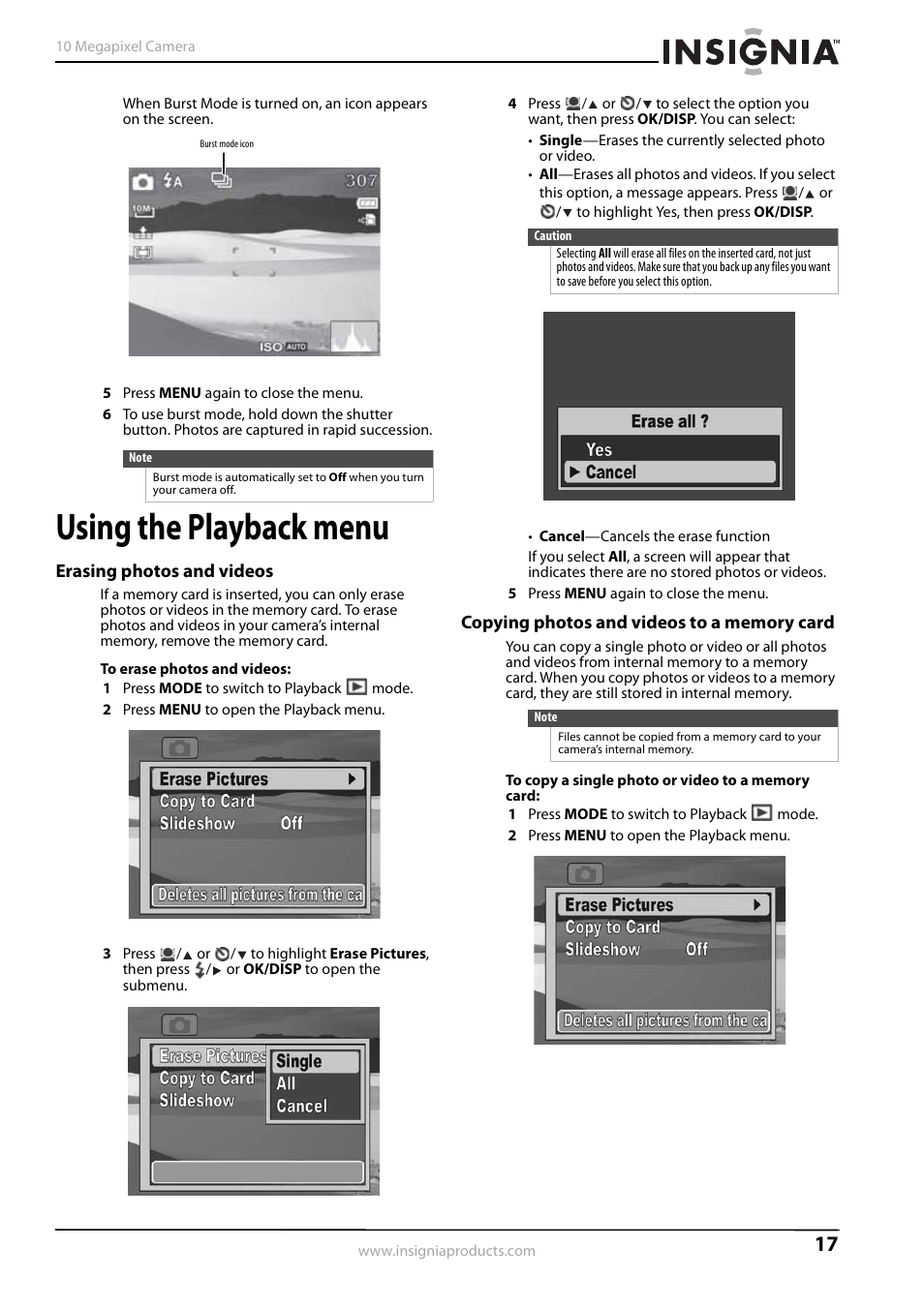 Using the playback menu, Erasing photos and videos, Copying photos and videos to a memory card | Insignia NS-DSC1110A User Manual | Page 21 / 30