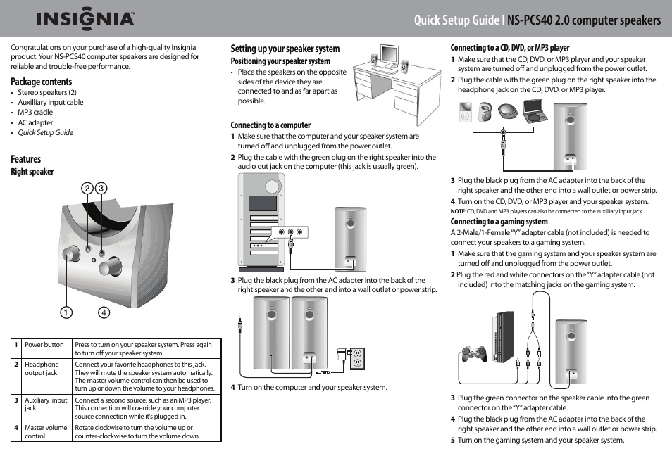 Insignia NS-PCS40 User Manual | 2 pages