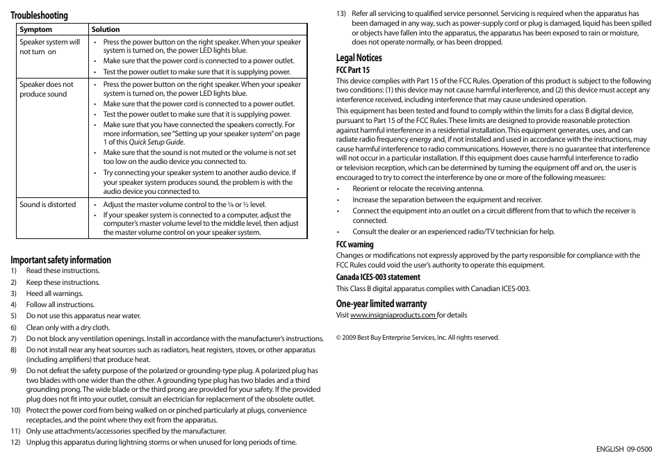 Troubleshooting, Important safety information, Legal notices | One-year limited warranty | Insignia NS-PCS40 User Manual | Page 2 / 2