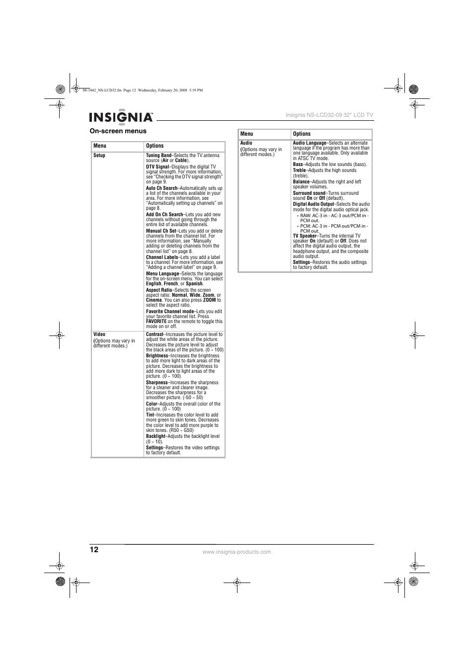On-screen menus | Insignia NS-LCD32-09 User Manual | Page 14 / 40