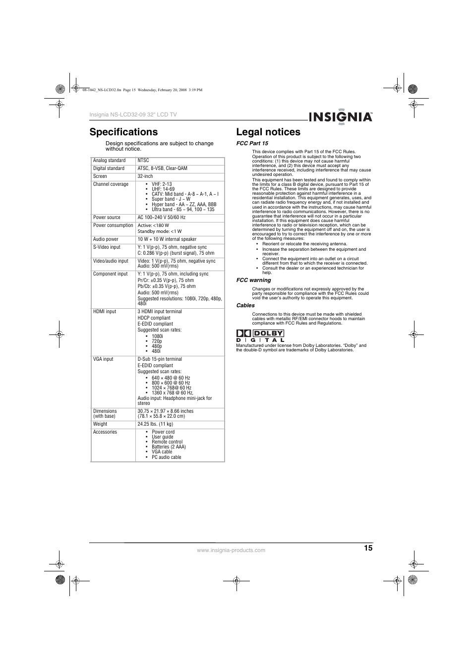 Specifications, Legal notices | Insignia NS-LCD32-09 User Manual | Page 17 / 40