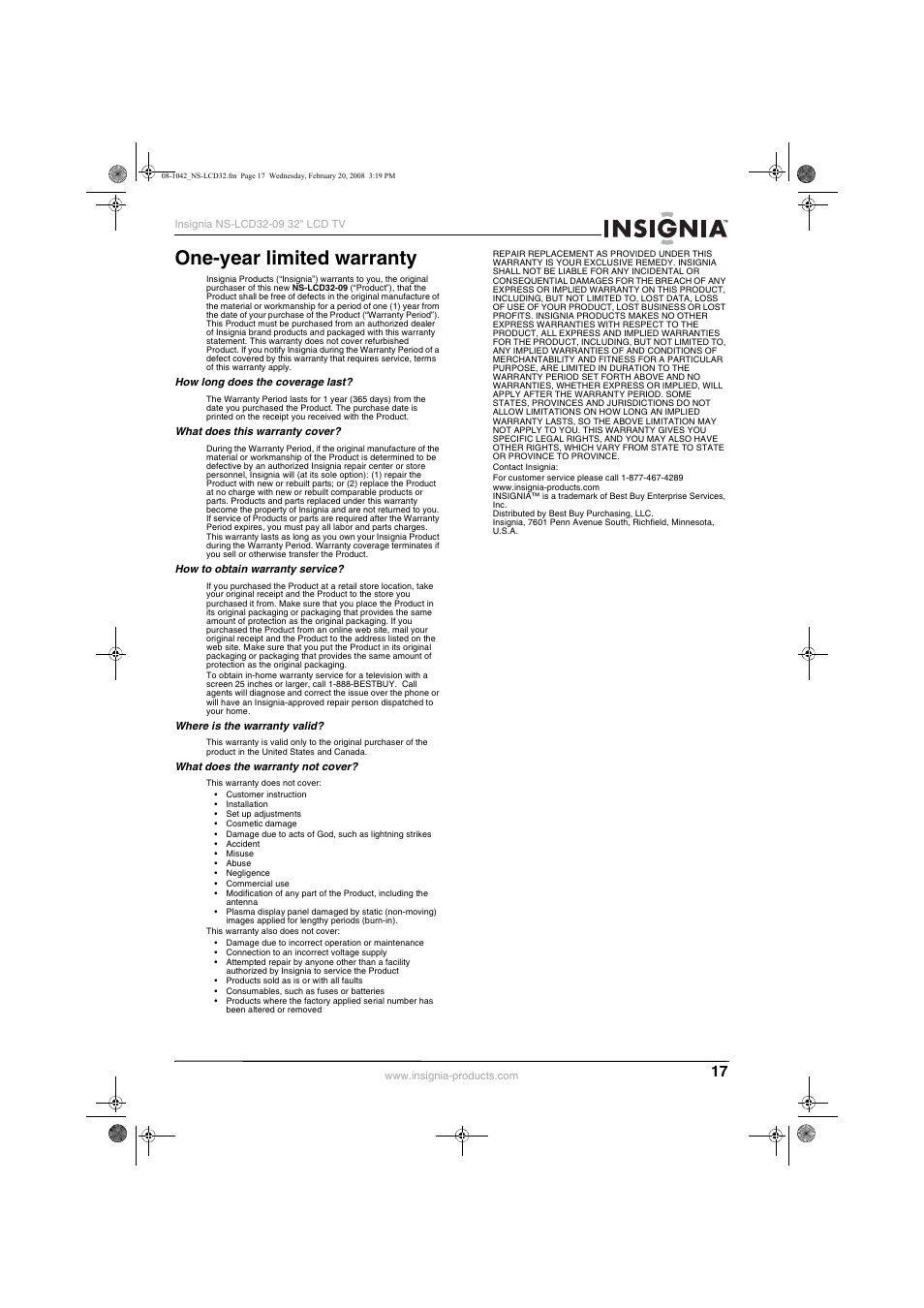 One-year limited warranty | Insignia NS-LCD32-09 User Manual | Page 19 / 40