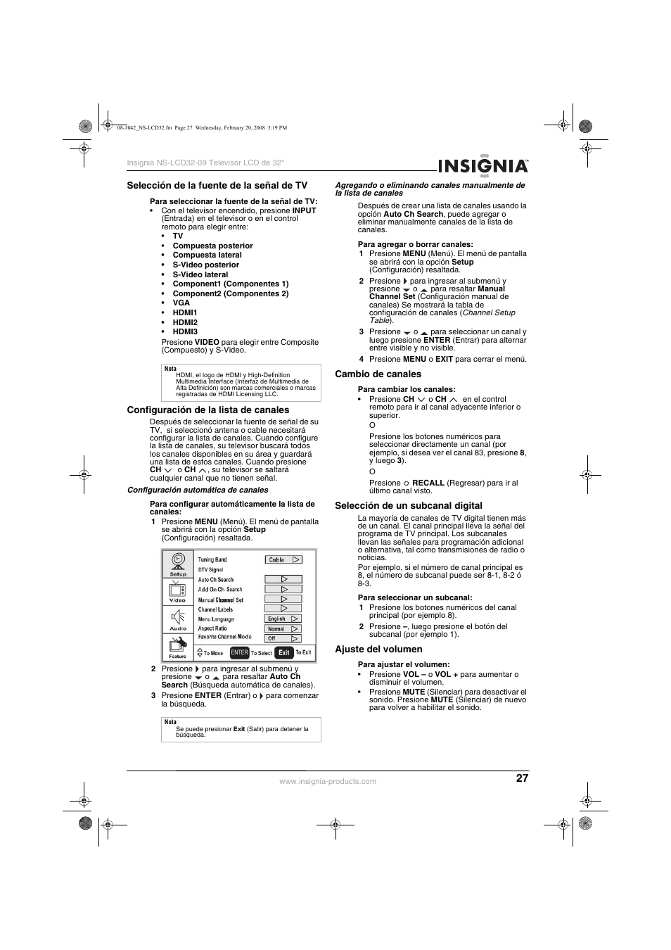Selección de la fuente de la señal de tv, Configuración de la lista de canales, Cambio de canales | Selección de un subcanal digital, Ajuste del volumen | Insignia NS-LCD32-09 User Manual | Page 29 / 40