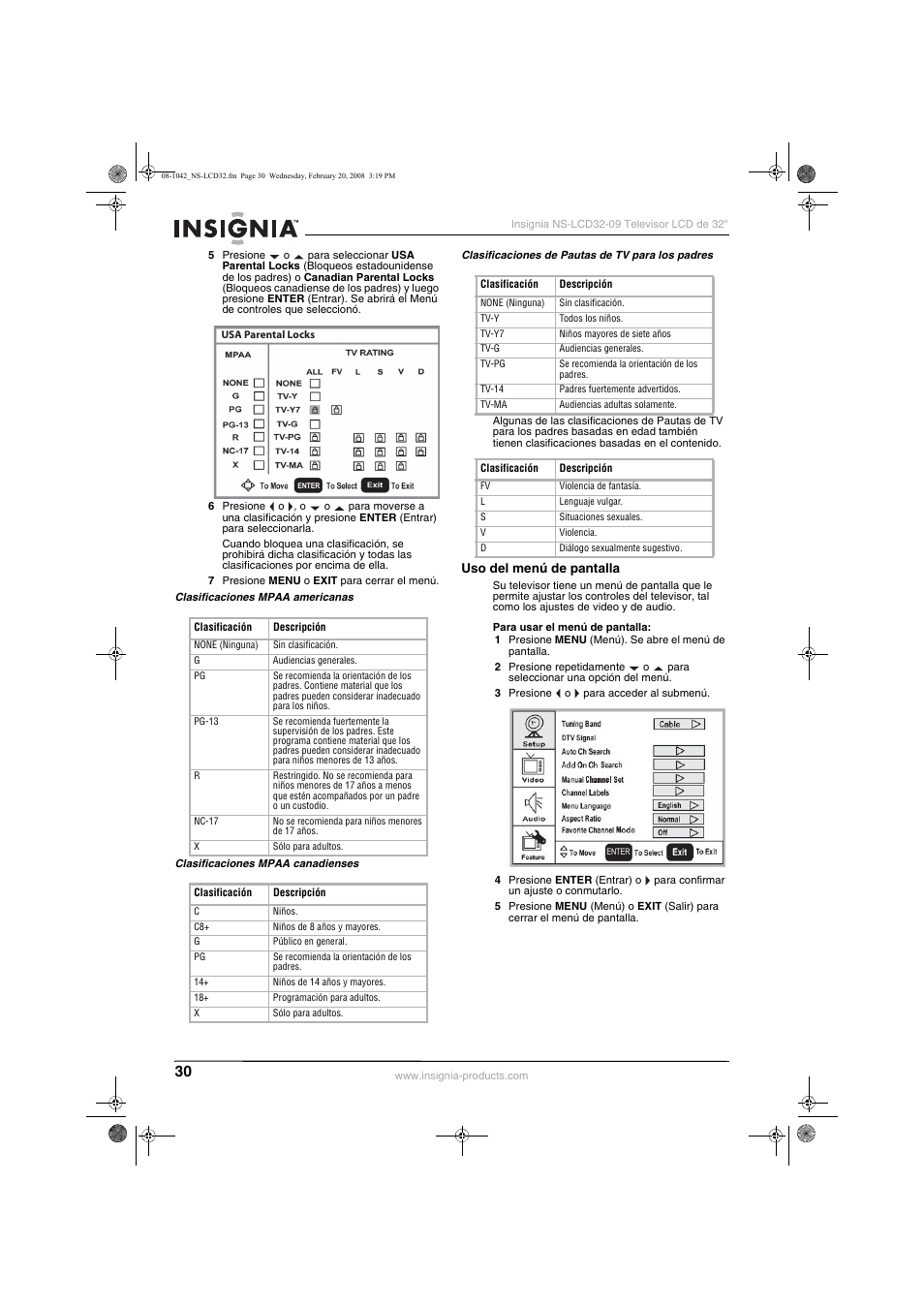 Uso del menú de pantalla | Insignia NS-LCD32-09 User Manual | Page 32 / 40