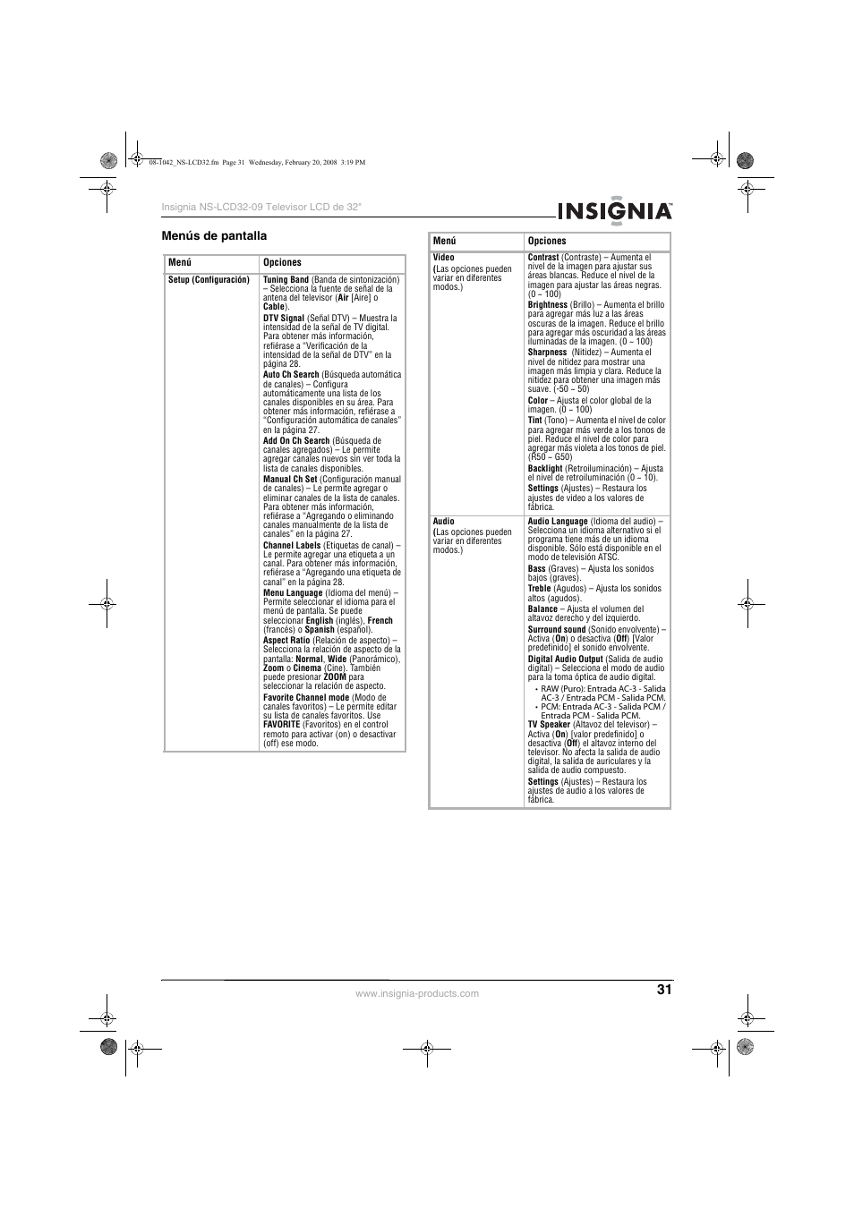 Menús de pantalla | Insignia NS-LCD32-09 User Manual | Page 33 / 40