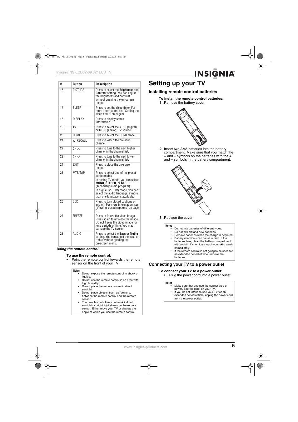 Setting up your tv, Installing remote control batteries, Connecting your tv to a power outlet | Insignia NS-LCD32-09 User Manual | Page 7 / 40