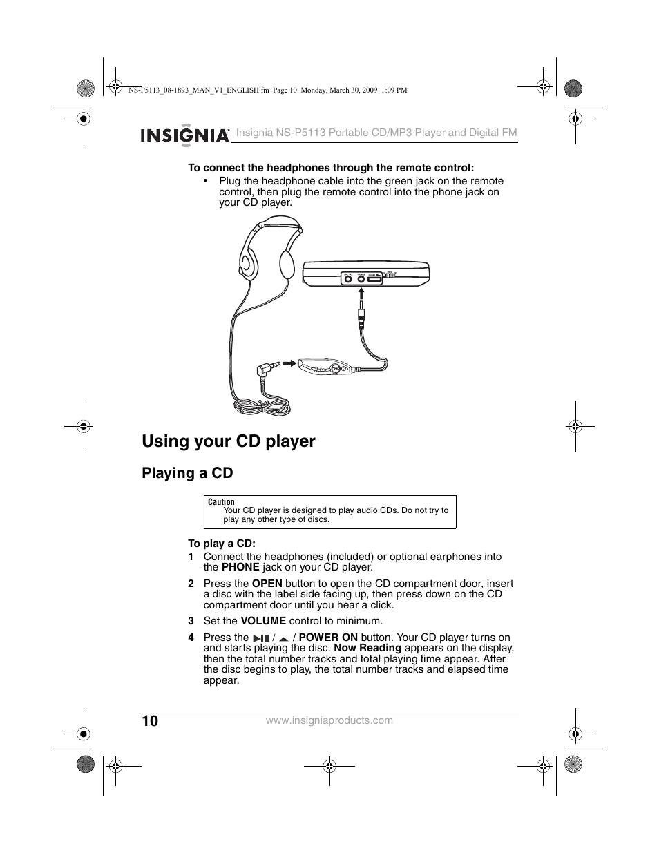 Using your cd player, Playing a cd | Insignia NS-P5113 User Manual | Page 10 / 24