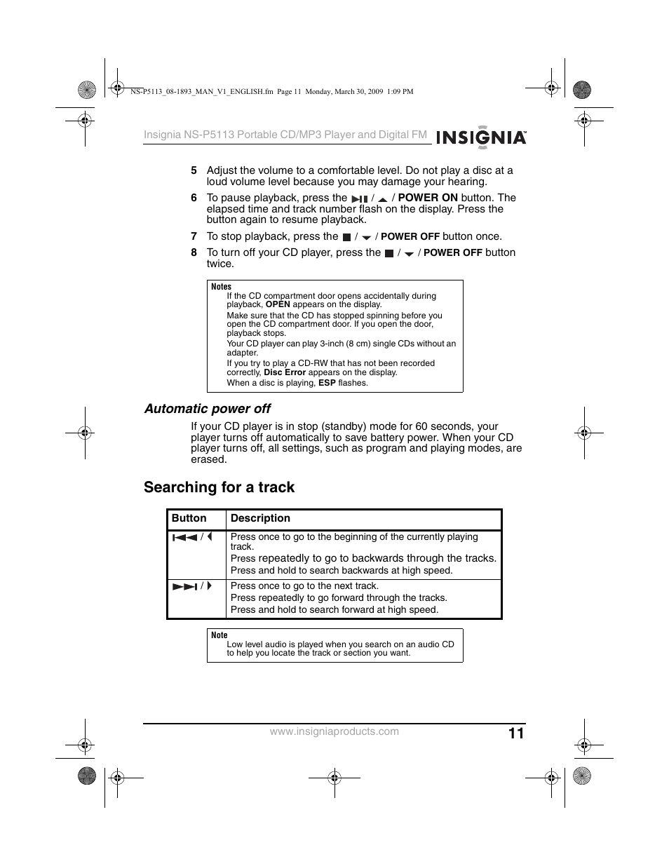 Searching for a track, Automatic power off | Insignia NS-P5113 User Manual | Page 11 / 24