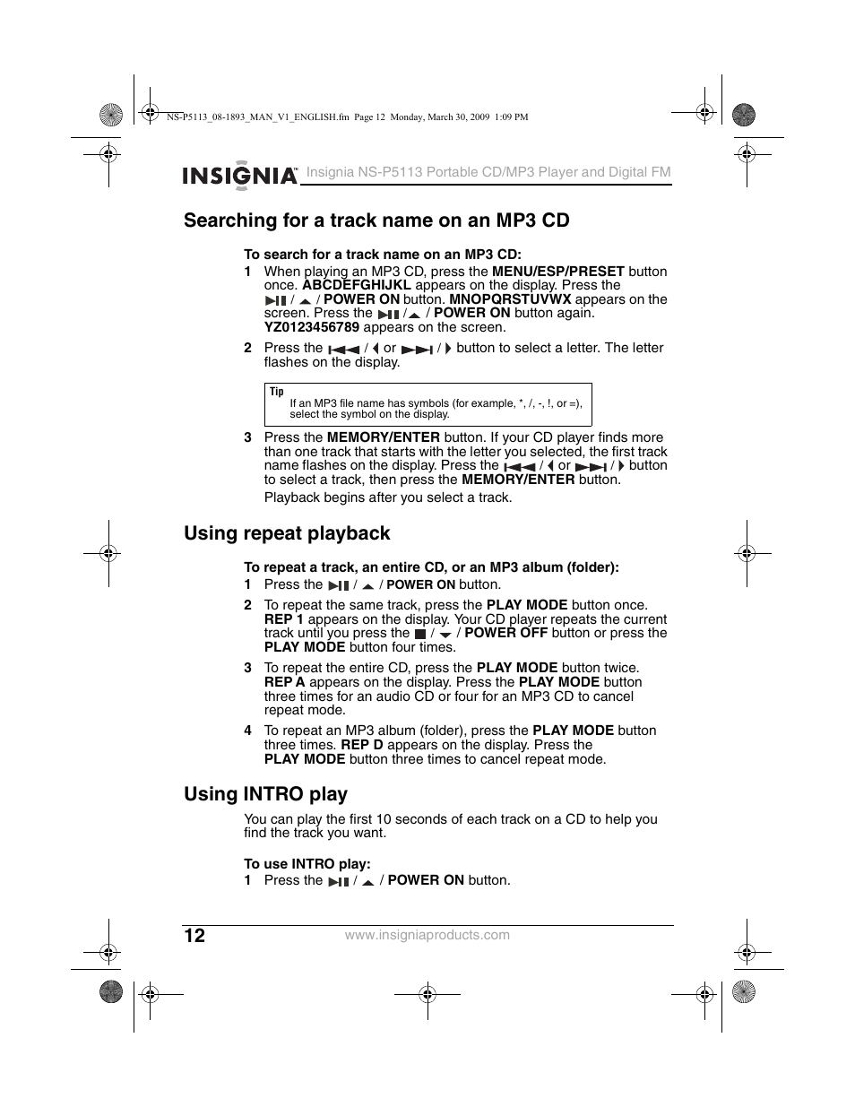 Searching for a track name on an mp3 cd, Using repeat playback, Using intro play | Insignia NS-P5113 User Manual | Page 12 / 24