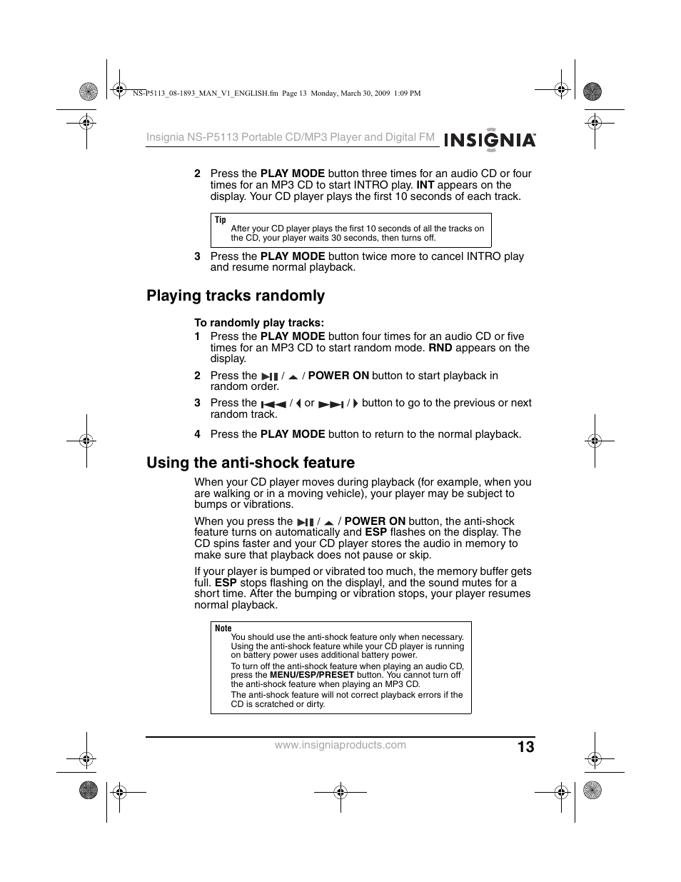 Playing tracks randomly, Using the anti-shock feature | Insignia NS-P5113 User Manual | Page 13 / 24
