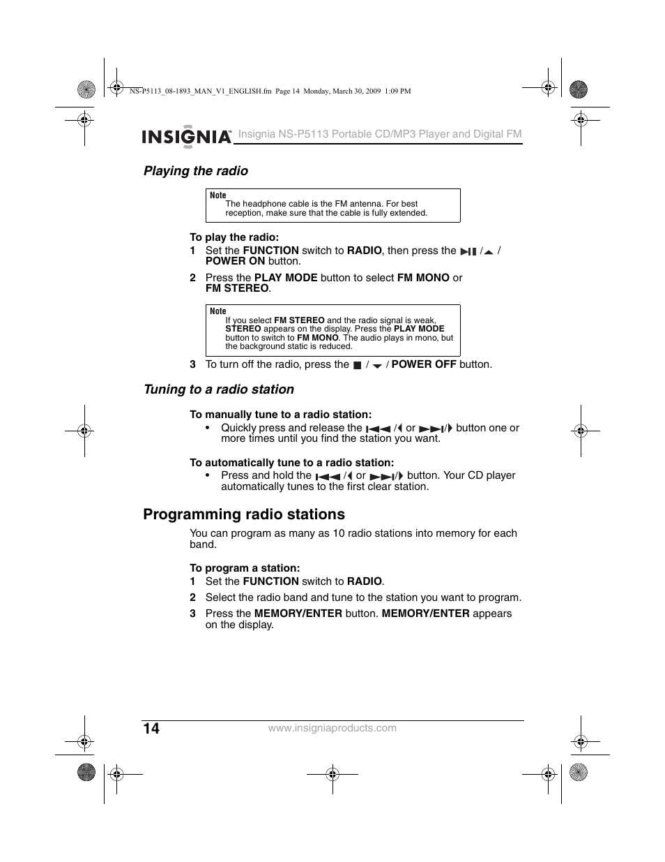 Programming radio stations, Playing the radio, Tuning to a radio station | Insignia NS-P5113 User Manual | Page 14 / 24