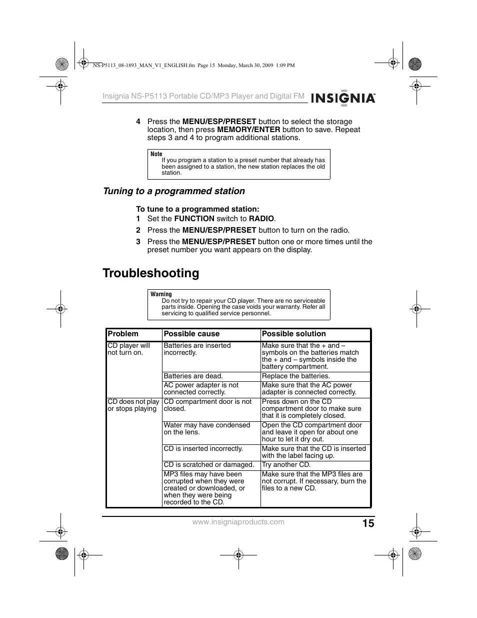 Troubleshooting, Tuning to a programmed station | Insignia NS-P5113 User Manual | Page 15 / 24