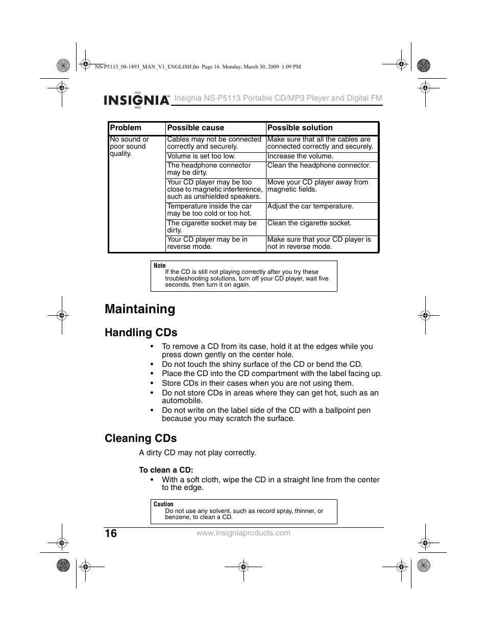 Maintaining, Handling cds, Cleaning cds | Insignia NS-P5113 User Manual | Page 16 / 24