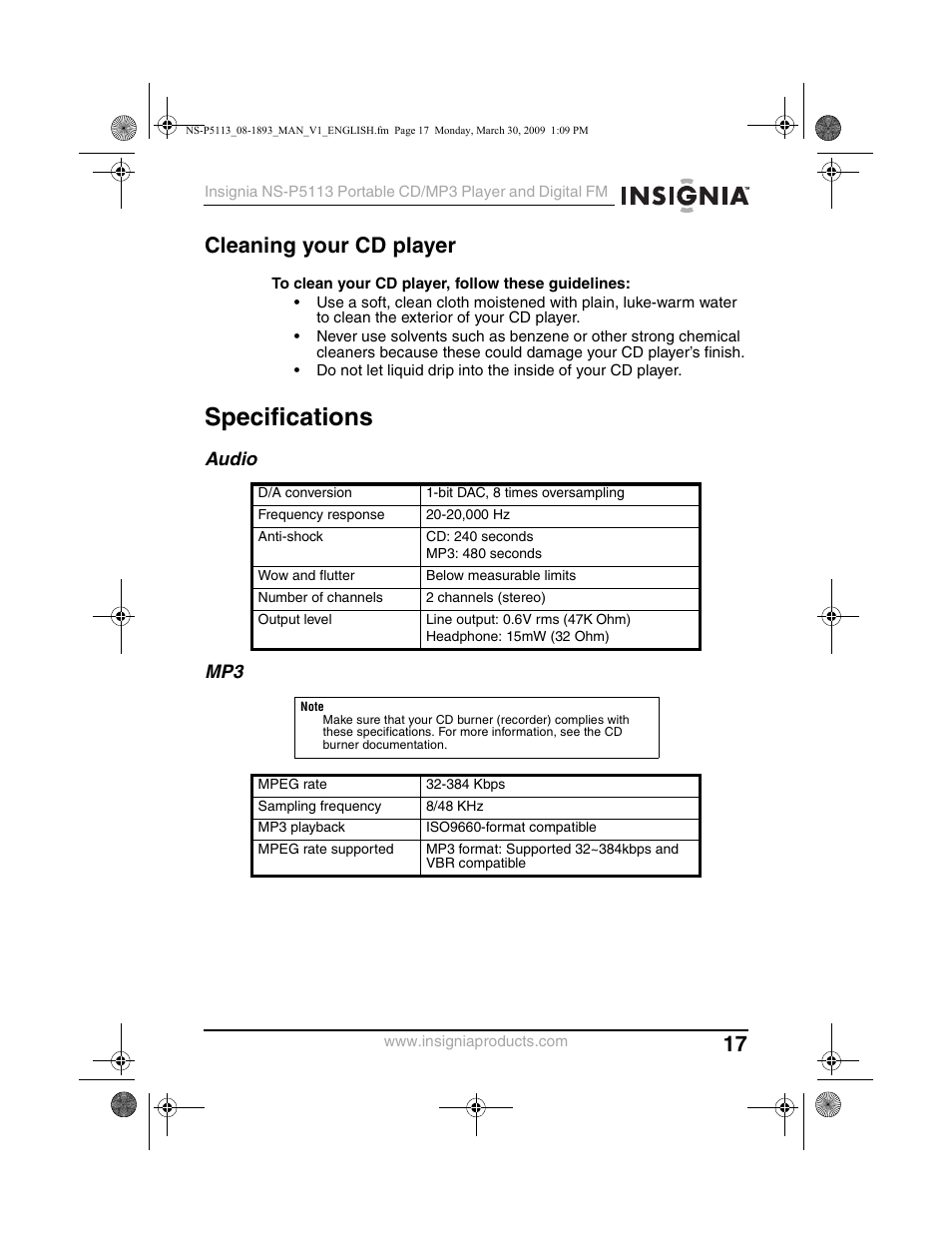 Specifications, Cleaning your cd player, Audio mp3 | Insignia NS-P5113 User Manual | Page 17 / 24