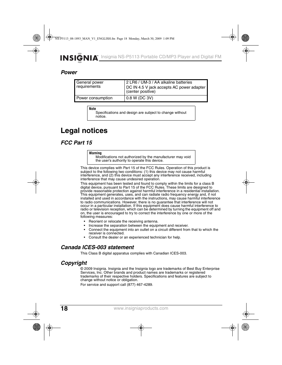 Legal notices, Power, Fcc part 15 | Canada ices-003 statement, Copyright | Insignia NS-P5113 User Manual | Page 18 / 24