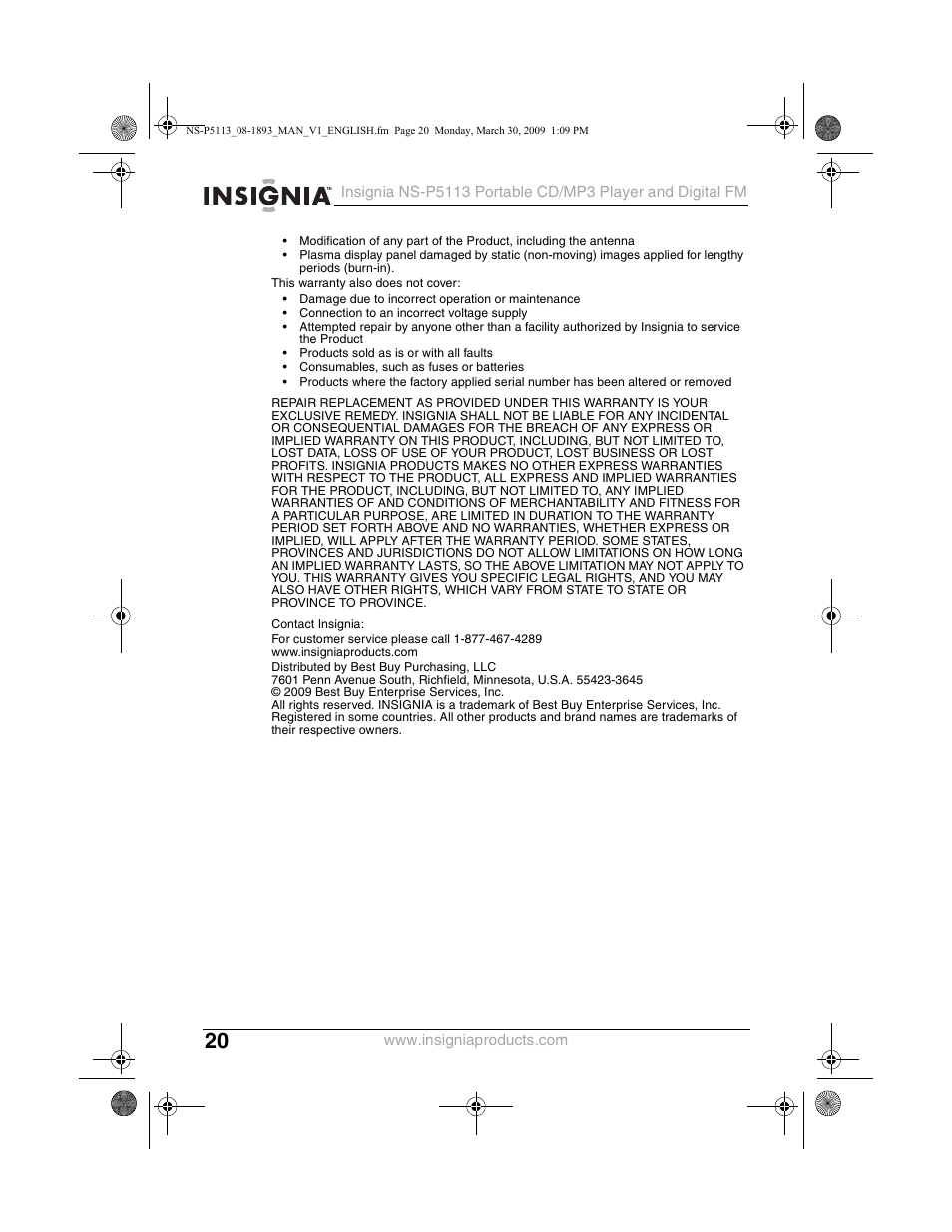 Insignia NS-P5113 User Manual | Page 20 / 24