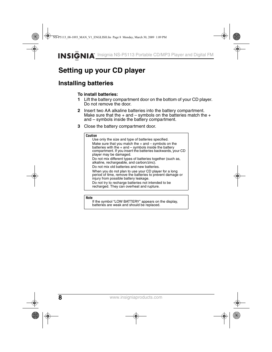 Setting up your cd player, Installing batteries | Insignia NS-P5113 User Manual | Page 8 / 24