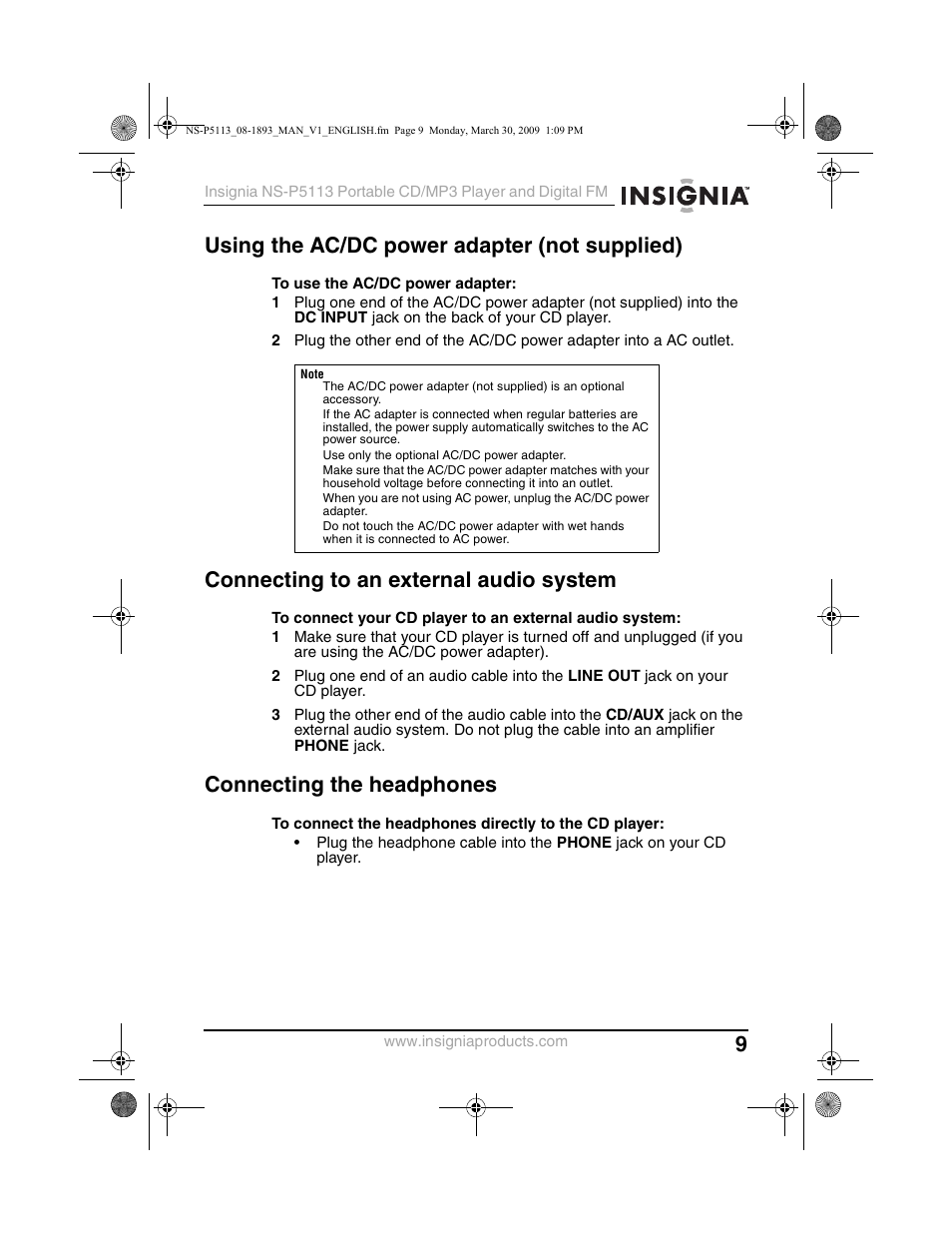 Using the ac/dc power adapter (not supplied), Connecting to an external audio system, Connecting the headphones | Insignia NS-P5113 User Manual | Page 9 / 24