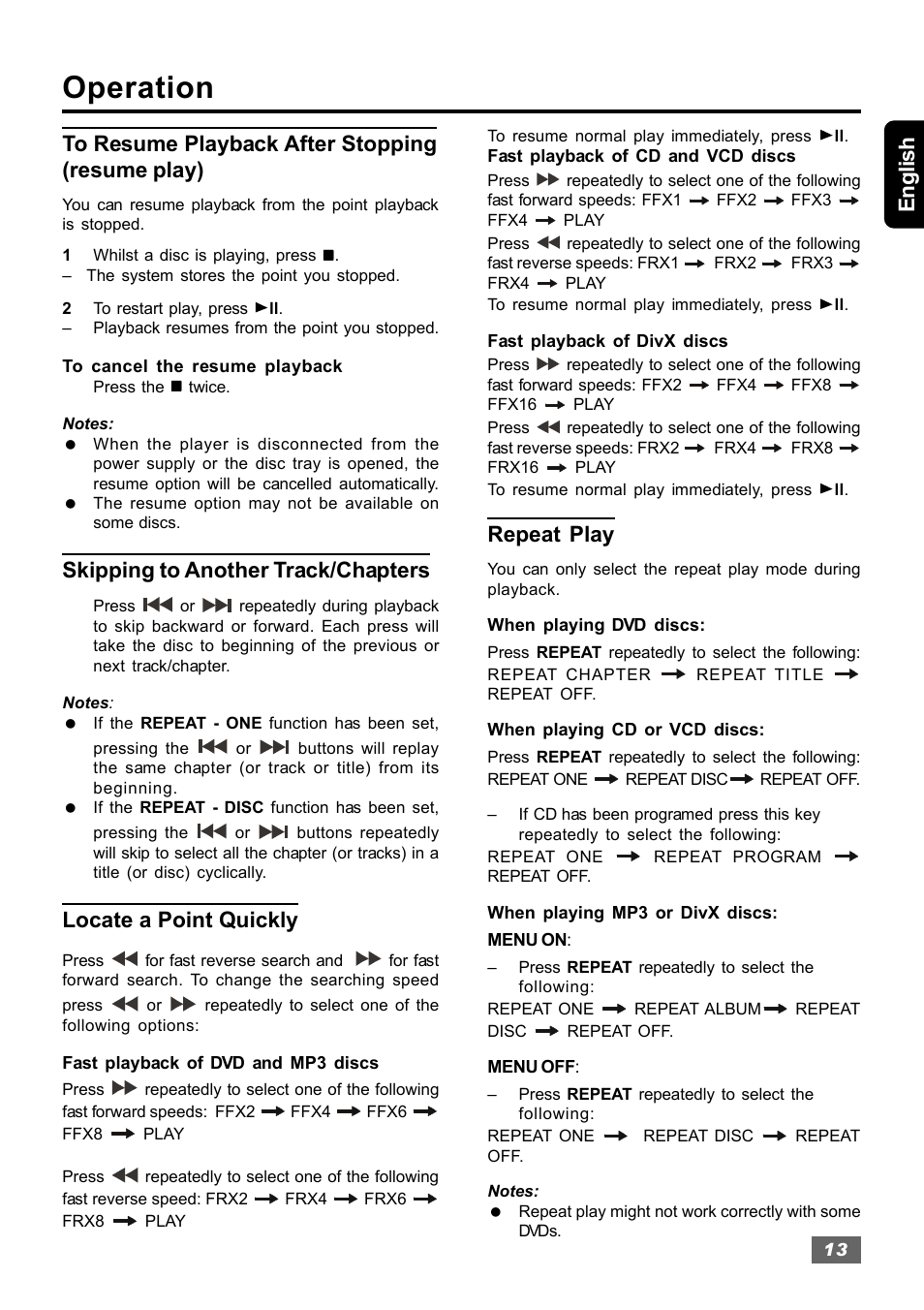 Operation, English, Skipping to another track/chapters | Locate a point quickly, Repeat play | Insignia IS-HTIB102731 User Manual | Page 13 / 86