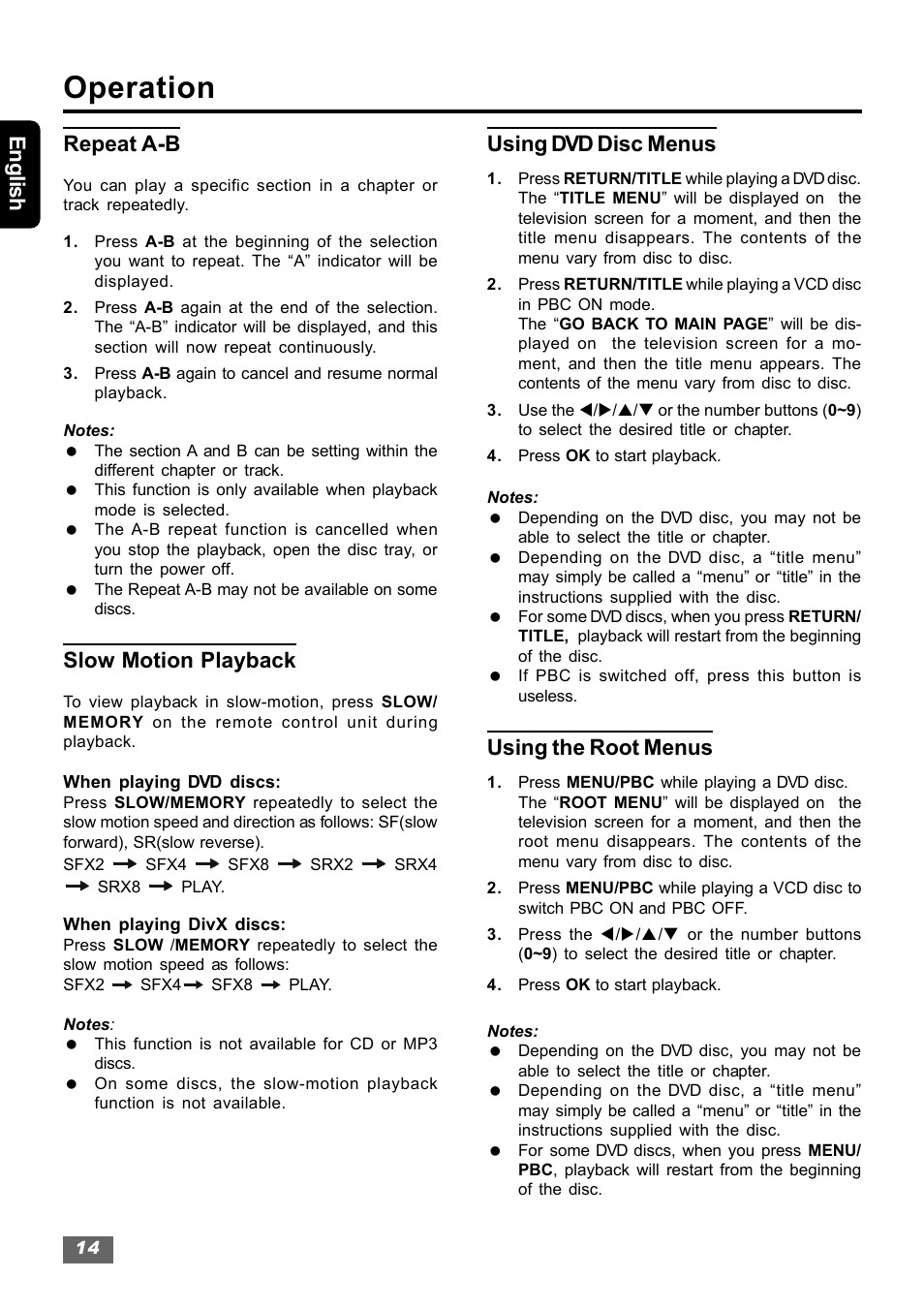 Operation, English repeat a-b, Slow motion playback | Using dvd disc menus, Using the root menus | Insignia IS-HTIB102731 User Manual | Page 14 / 86