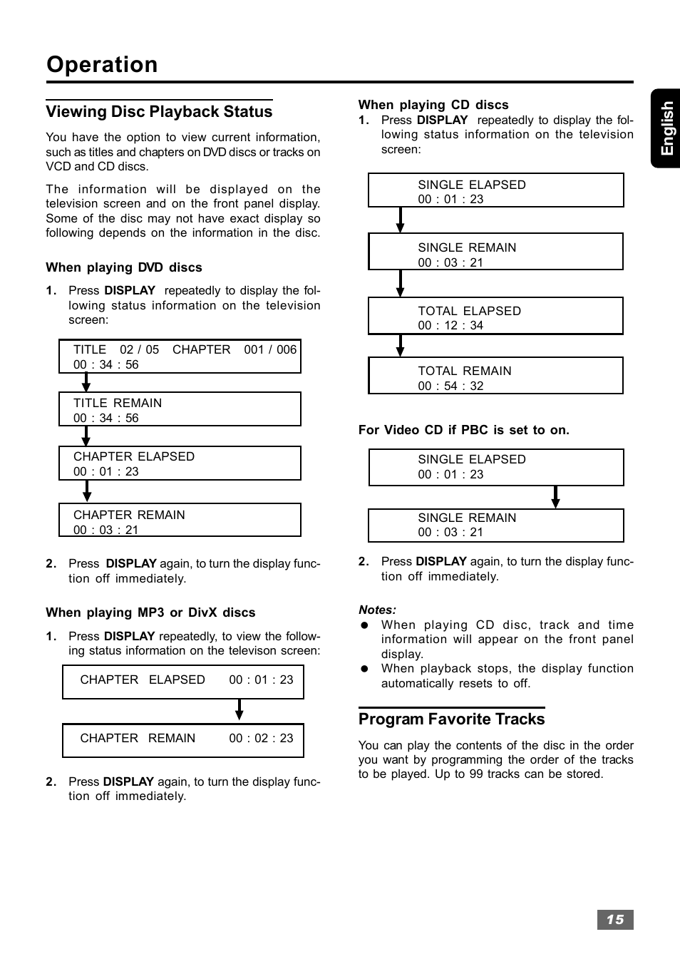 Operation, English viewing disc playback status, Program favorite tracks | Insignia IS-HTIB102731 User Manual | Page 15 / 86