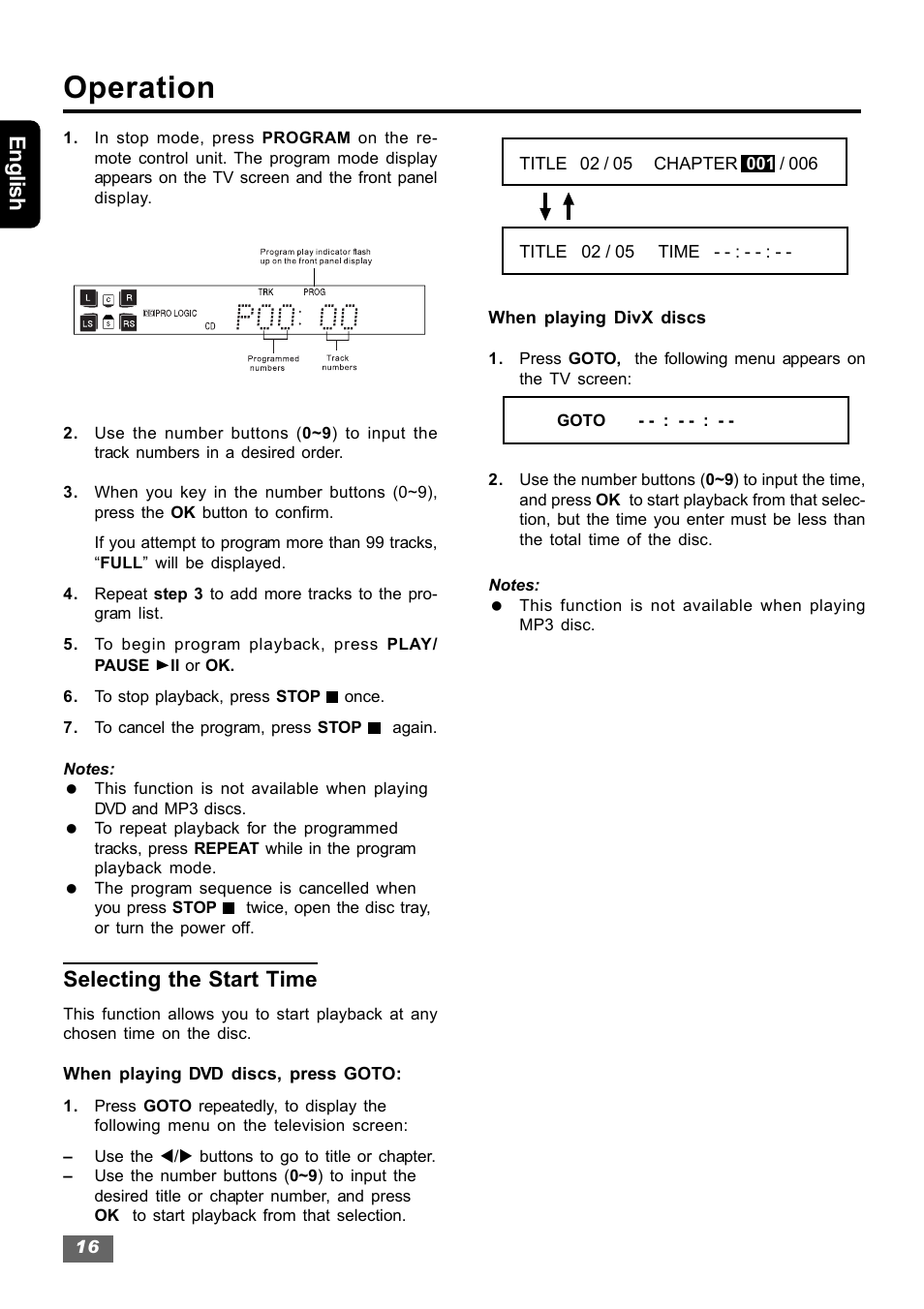 Operation, English, Selecting the start time | Insignia IS-HTIB102731 User Manual | Page 16 / 86