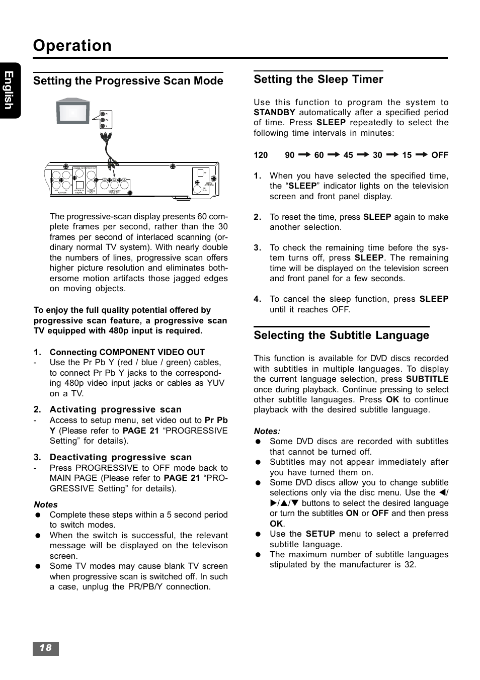 Operation, English setting the sleep timer, Selecting the subtitle language | Setting the progressive scan mode | Insignia IS-HTIB102731 User Manual | Page 18 / 86