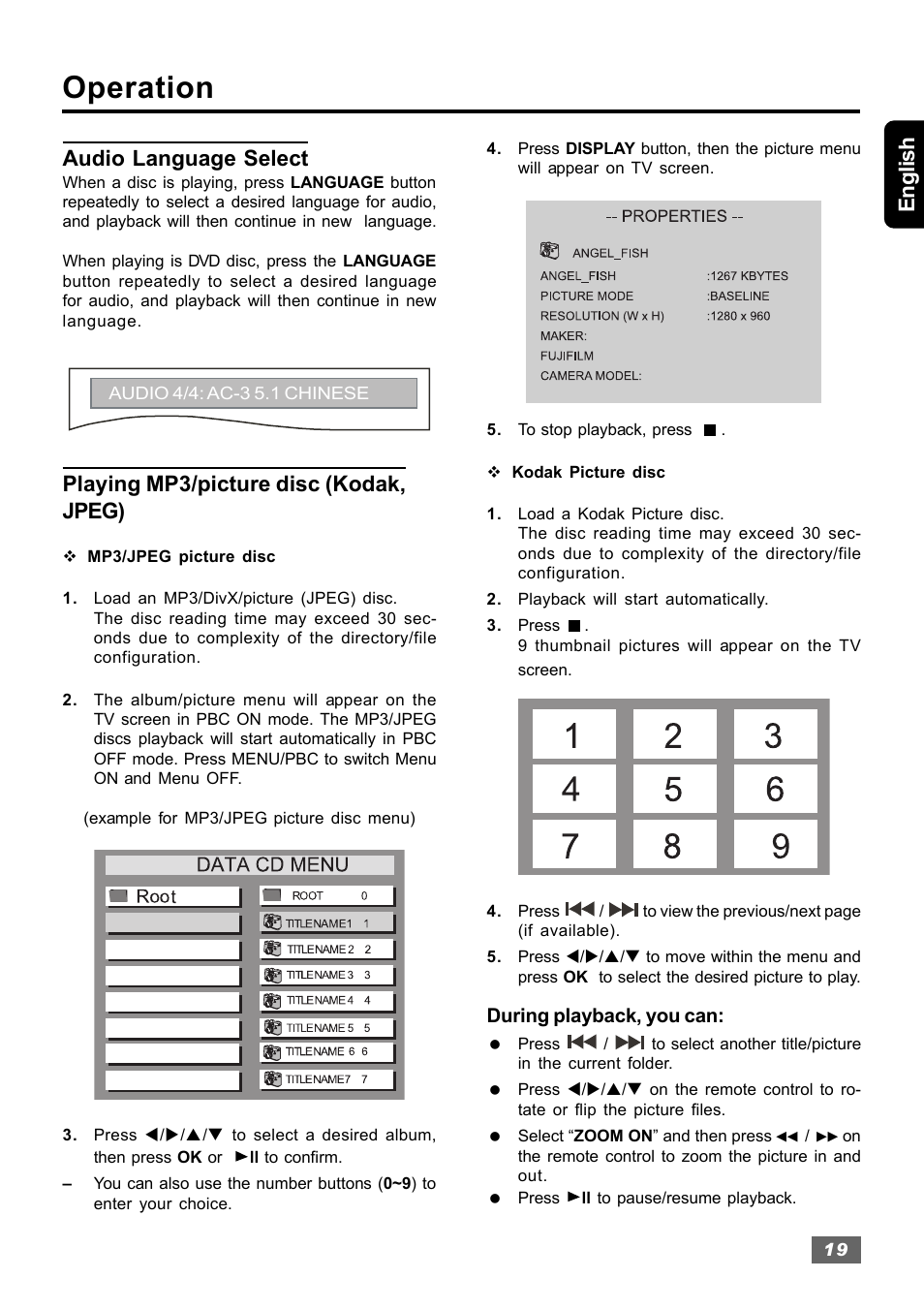 Operation, English, Audio language select | Playing mp3/picture disc (kodak, jpeg) | Insignia IS-HTIB102731 User Manual | Page 19 / 86