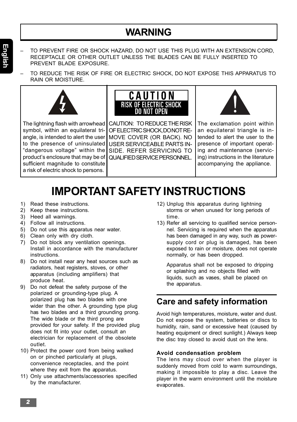 Important safety instructions, Warning, Care and safety information | English | Insignia IS-HTIB102731 User Manual | Page 2 / 86
