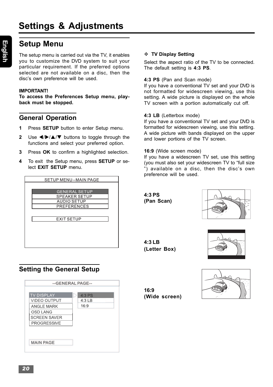 Settings & adjustments, Setup menu, English | General operation, Setting the general setup | Insignia IS-HTIB102731 User Manual | Page 20 / 86