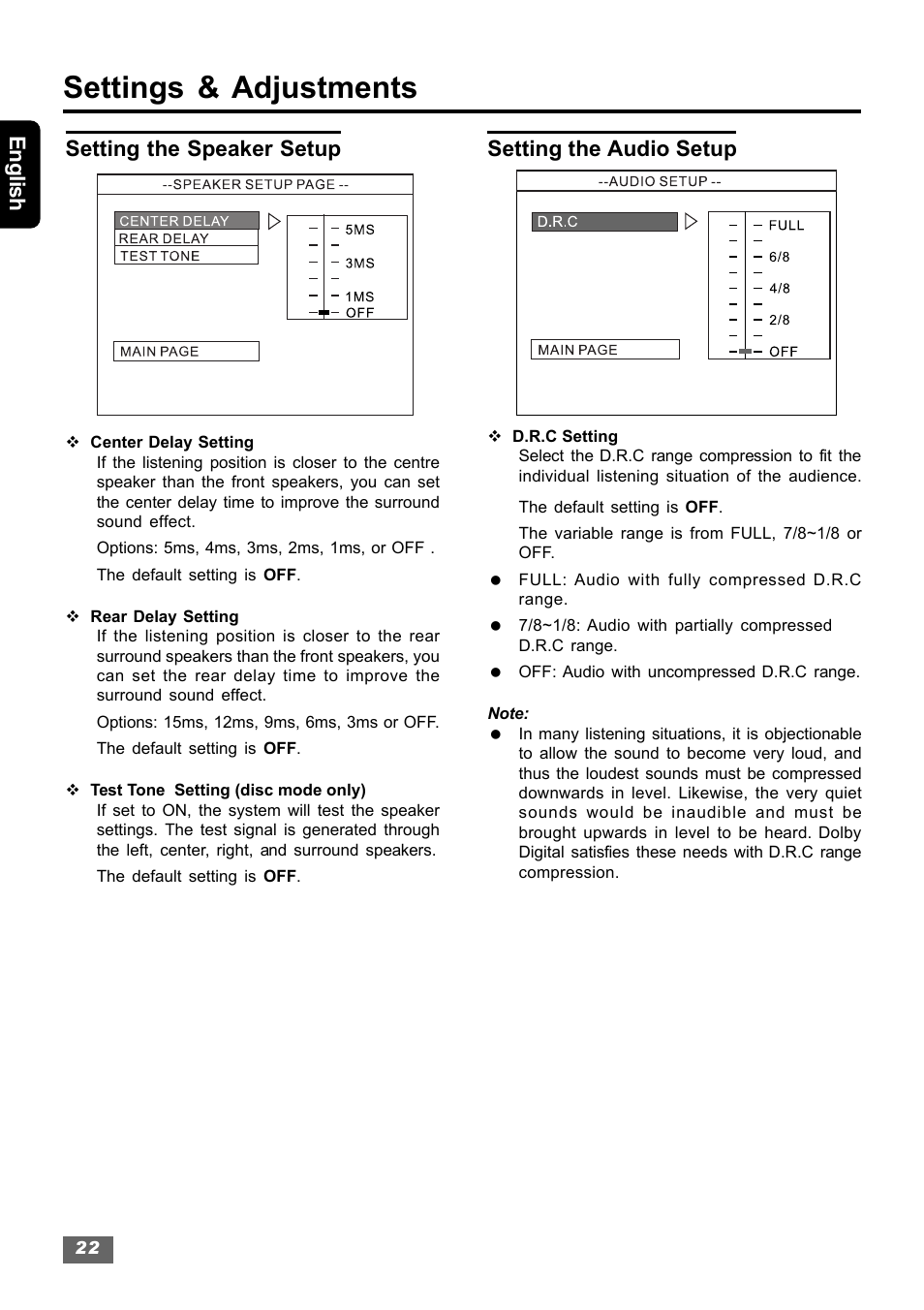 Settings & adjustments, English setting the speaker setup, Setting the audio setup | Insignia IS-HTIB102731 User Manual | Page 22 / 86