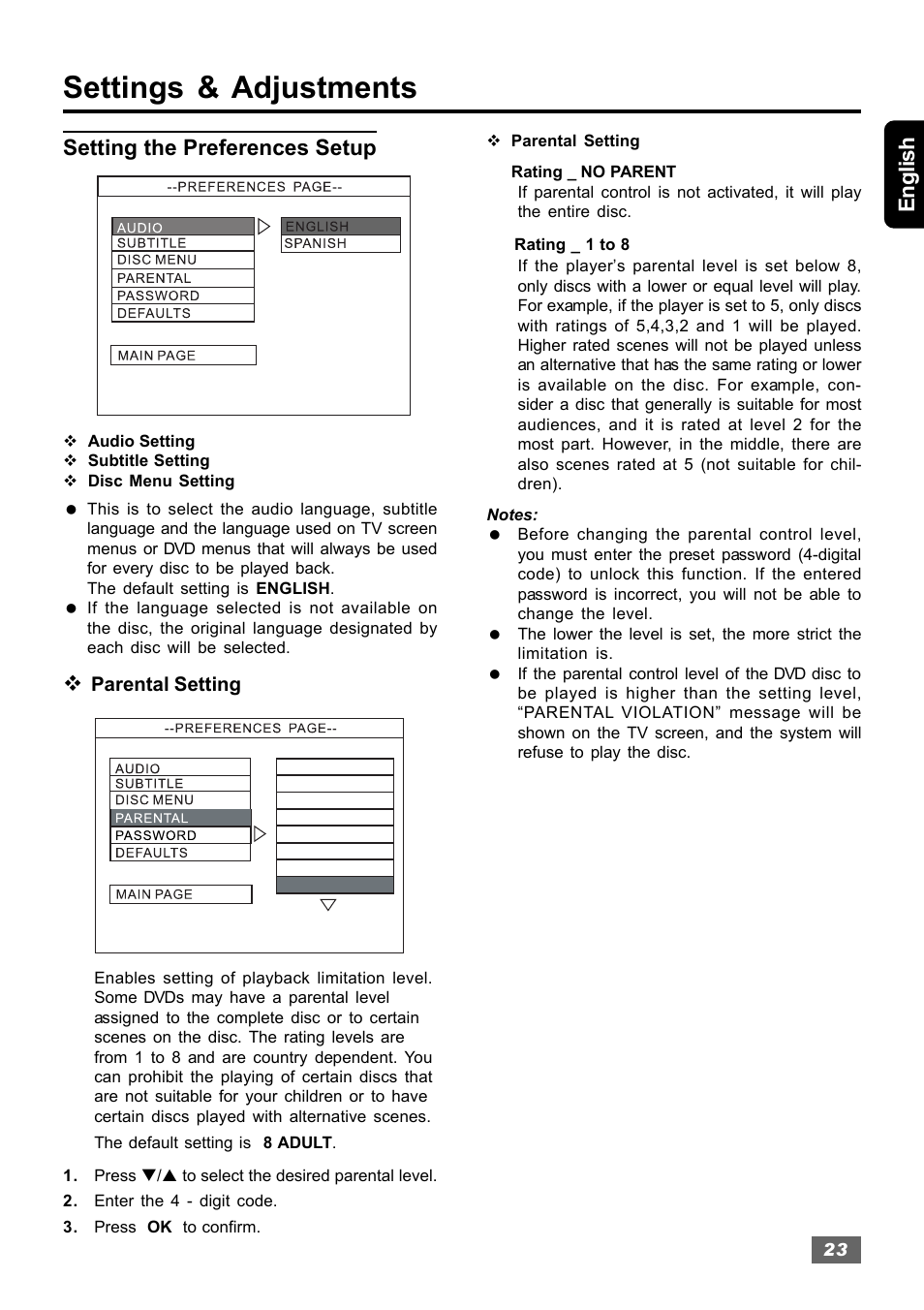 Settings & adjustments, English, Setting the preferences setup | Insignia IS-HTIB102731 User Manual | Page 23 / 86