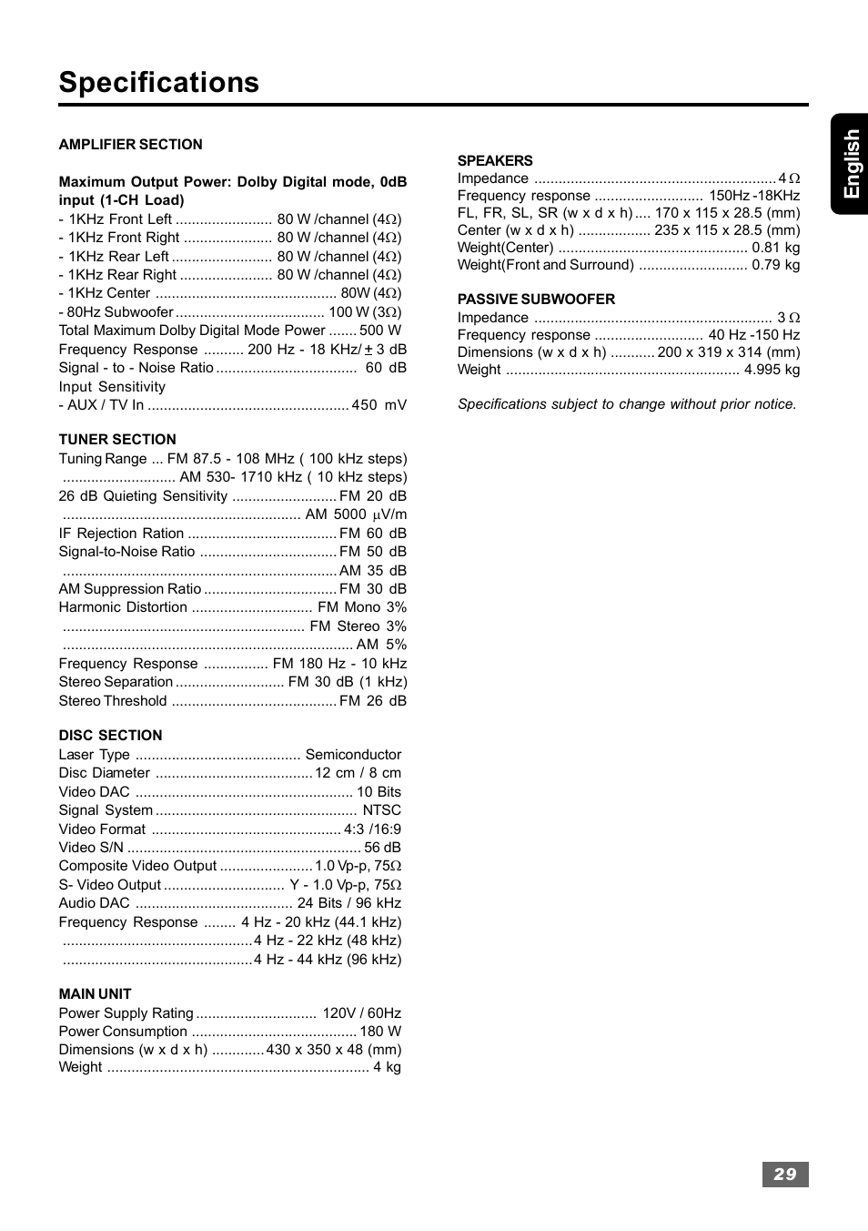Specifications, English | Insignia IS-HTIB102731 User Manual | Page 29 / 86