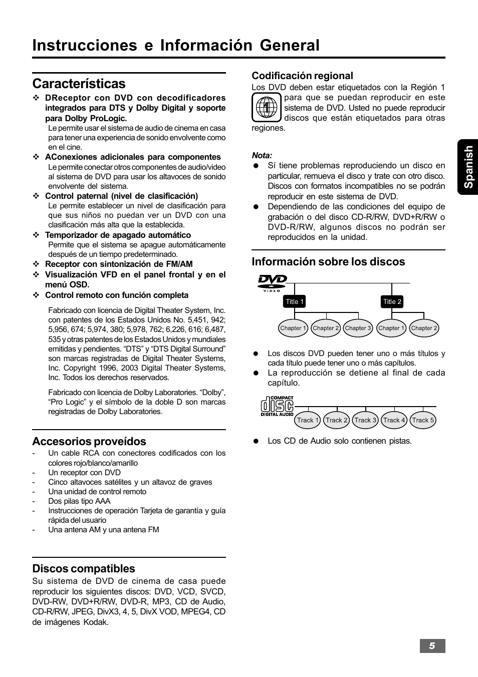 Instrucciones e información general, Características, Spanish | Accesorios proveídos, Discos compatibles, Información sobre los discos | Insignia IS-HTIB102731 User Manual | Page 33 / 86